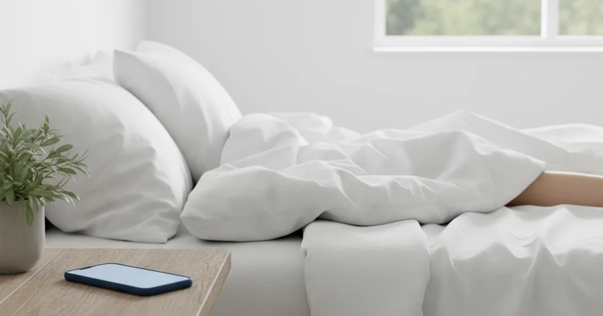 A person lying in a darkened bedroom late at night, face lit by a phone held above them in bed.