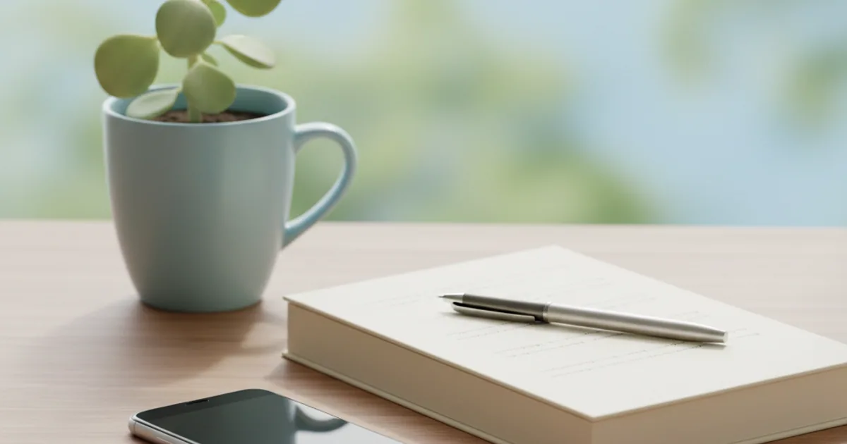 A quiet desk scene with a face-down phone and a closed journal in soft morning light.