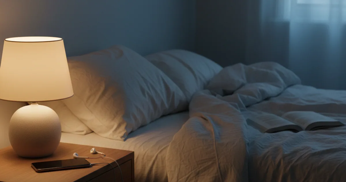 A dark bedroom at night with a soft glow from a phone on the nightstand and an unread book beside it.