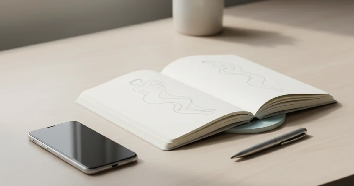 A tidy desk in soft daylight with a phone placed face-down next to a plain closed journal.