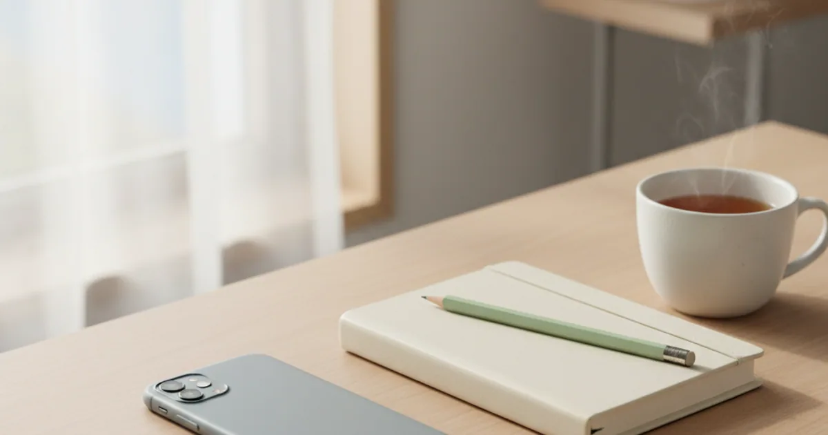 A desk in soft daylight with a phone turned face-down beside an open plain journal and a pen.