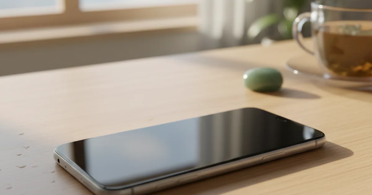 A silent phone with a completely empty lock screen resting on a wooden desk.
