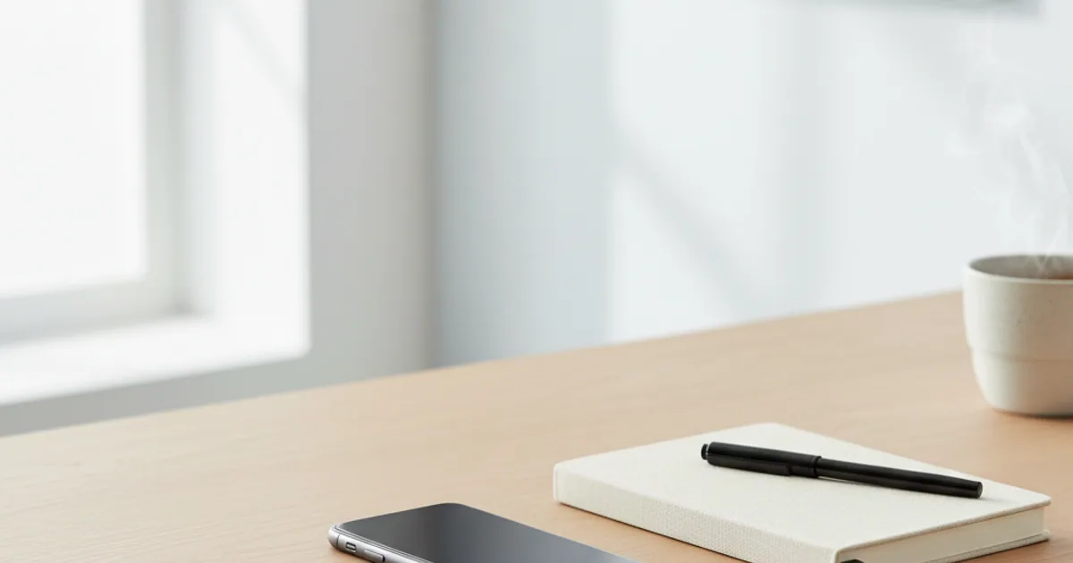 A tidy desk with a phone face-down and a plain journal beside it in soft daylight
