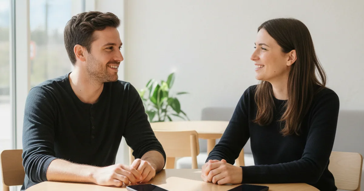 Two people talking across a table in warm daylight with phones set aside, relaxed and present