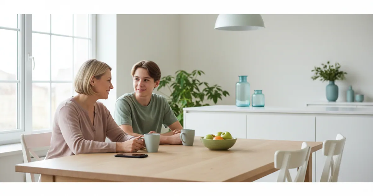 A parent and teenager sitting together at a kitchen table in soft daylight, phones set aside, talking