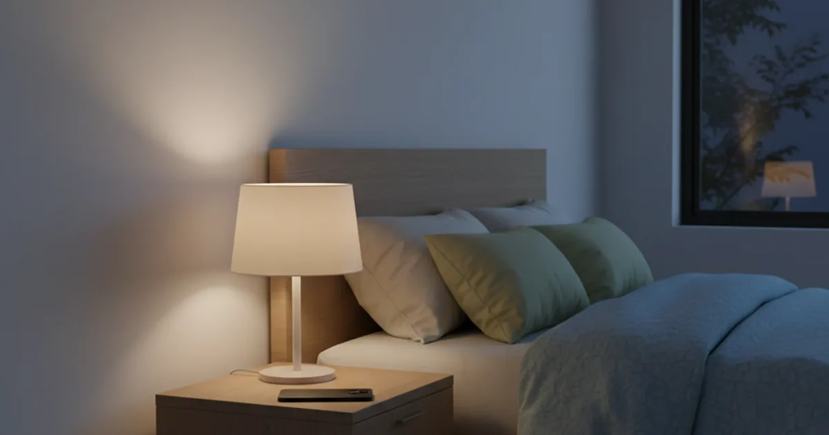 A dim bedroom at night with a phone resting face-down on a nightstand beside a soft warm lamp, calm and restful